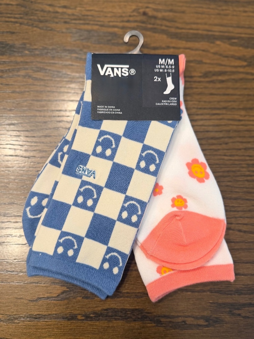 NWT - Vans Crew Socks 2-Pack Smiley Face Floral Checkerboard Size M